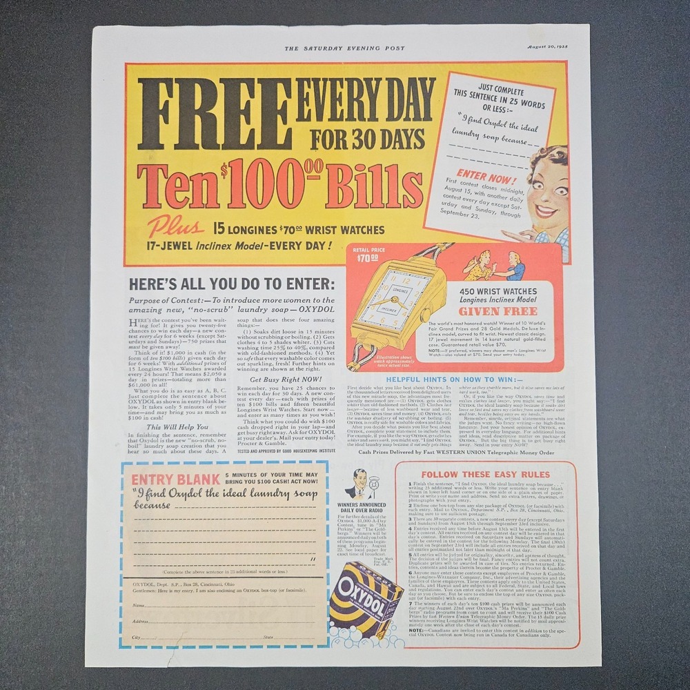 1938 Oxydol Laundry Soap‎ Detergent Vintage Print Ad Expired Contest Entry Form